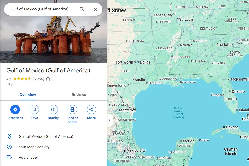 El Golfo de México ya se llama Golfo de América en Google Maps, pero sólo en las búsquedas desde EEUU