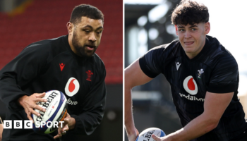 A picture of Taulupe Faletau and of Eddie James running with the ball during Wales training sessions