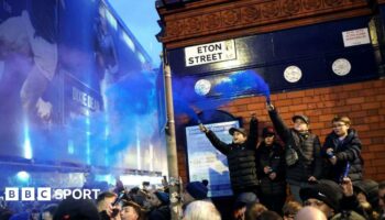 Everton fans greet their team before the final Merseyside derby against Liverpool at Goodison Park