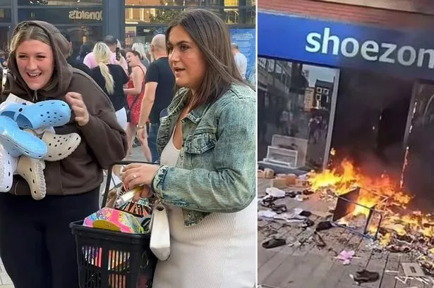 Moment giggling looters helped themselves to stolen Crocs and bath bombs amid riot